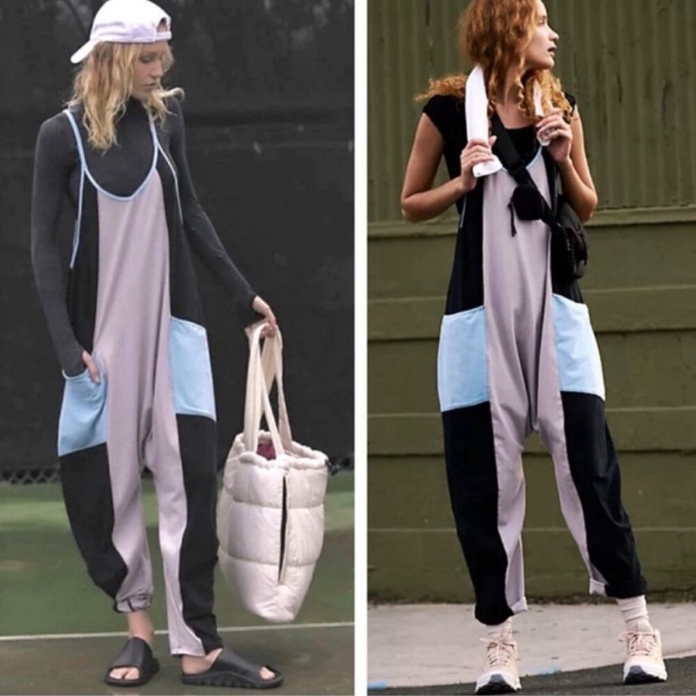 FP Movement by Free People Black, Gray & Light Blue Colorblock Jumpsuit